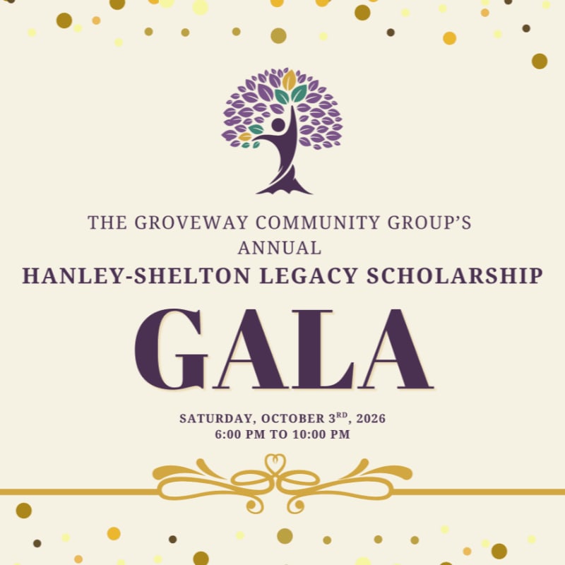 A cream-colored invitation for the Groveway Community Group's annual Hanley-Shelton Legacy Scholarship Gala on Saturday, October 3rd, 2026, is adorned with gold confetti in the foreground and a stylized tree with purple leaves in the background.