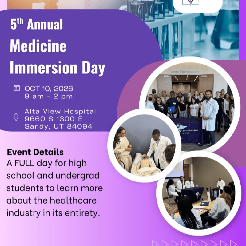 A purple flyer advertises the 5th Annual Medicine Immersion Day with event details on the left and circular photos of medical students and professionals in action on the right, set against a blurred background of laboratory equipment.