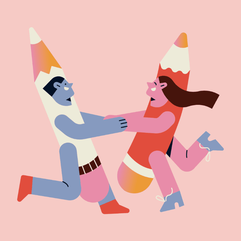 Two stylized figures, one dressed as a white pencil and the other as a red pencil, dance against a plain pink background.