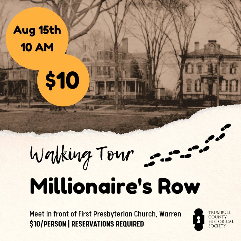 Yellow circles with tour details overlay a sepia-toned historical photograph of grand houses and trees, with text announcing a "Walking Tour Millionaire's Row" in the foreground.