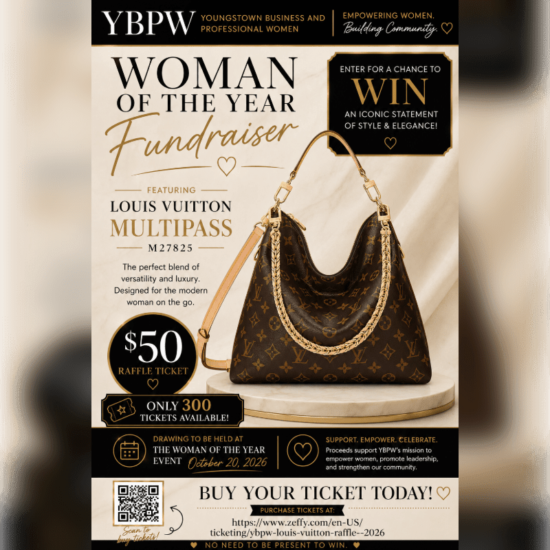 A Louis Vuitton multipass handbag is featured in the foreground of a flyer for a YBPW Woman of the Year fundraiser, with event details and ticket purchase information in the background.