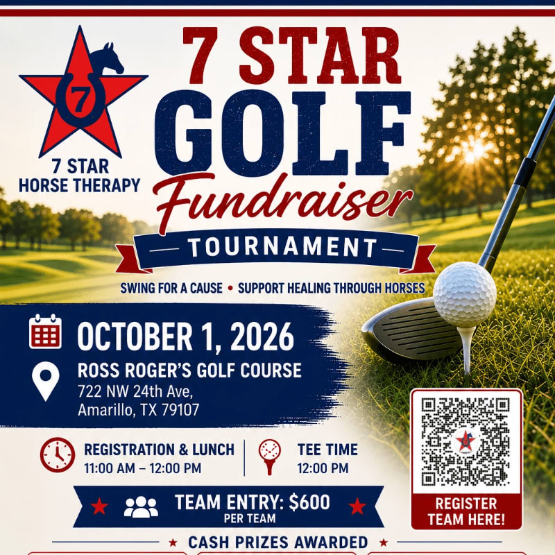 A golf club and ball are in the foreground on a golf course with trees and a sunset in the background, advertising a 7 Star Golf Fundraiser Tournament.