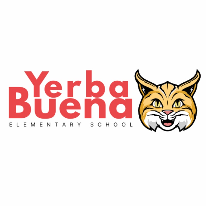 A cartoon bobcat head with a wide grin stands to the right of the red text "Yerba Buena Elementary School" on a white background.