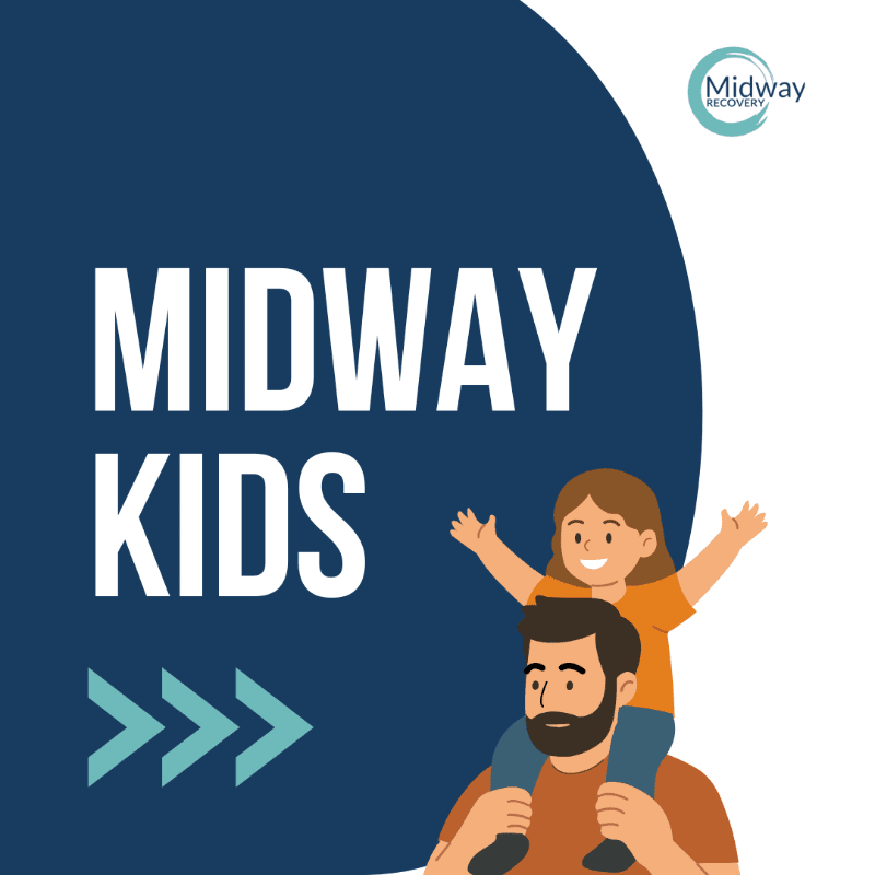 A father carries his daughter on his shoulders in the foreground, with the words "MIDWAY KIDS" and a logo in the background.