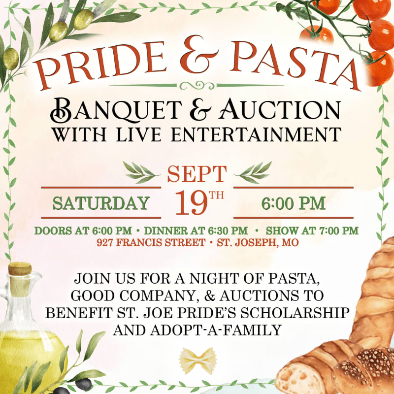 A rustic invitation for a "Pride & Pasta" banquet and auction features olive branches and tomatoes in the background, with a bottle of olive oil and bread in the foreground.