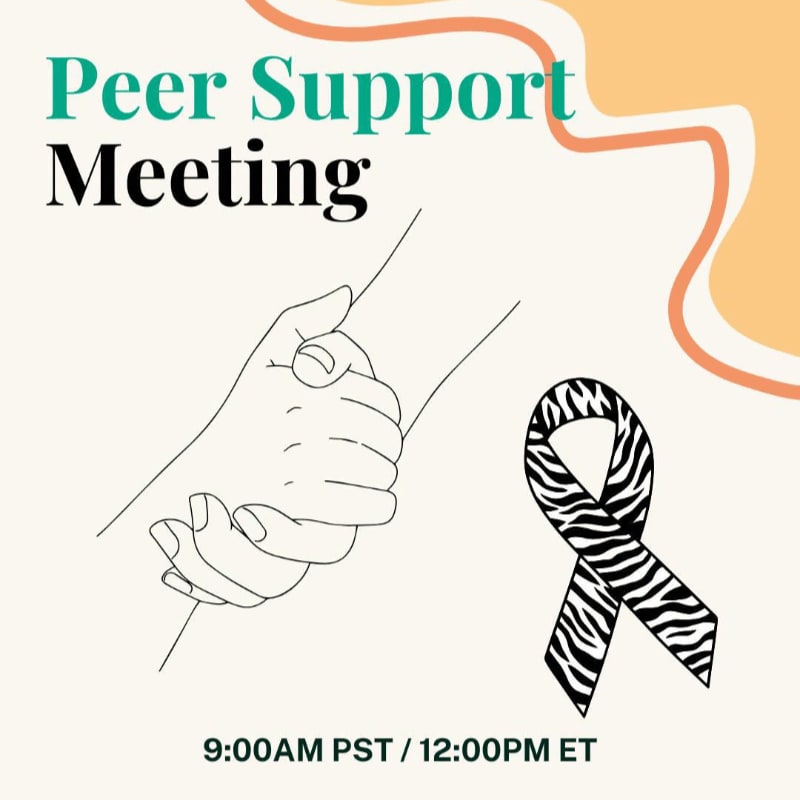 A line drawing of two hands clasped together and a zebra-striped ribbon are in the foreground, set against a cream background with abstract wavy orange and teal shapes.