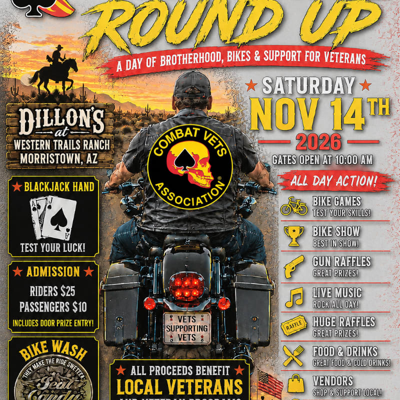 A biker from the Combat Vets Association is featured in the foreground, with a desert landscape and event details in the background.