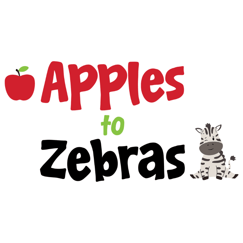 A red apple and the word "Apples" are in the foreground, with a small zebra and the words "to Zebras" in the background, all on a white canvas.