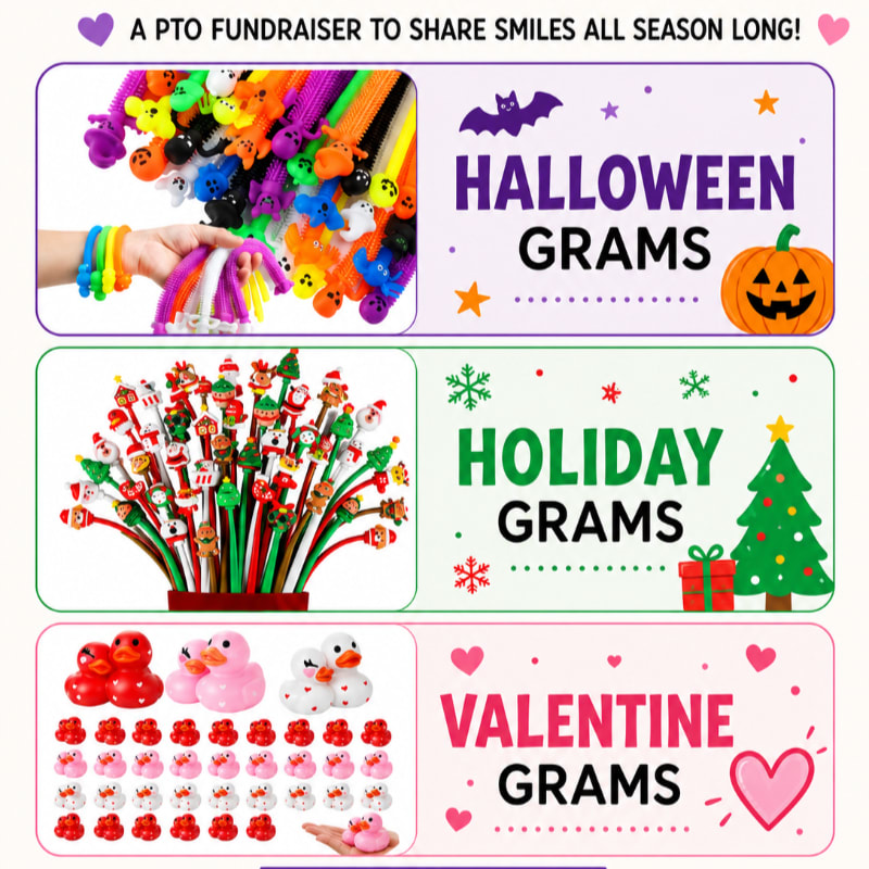 Colorful Halloween, holiday, and Valentine's Day themed trinkets are displayed against a white background with festive graphics.