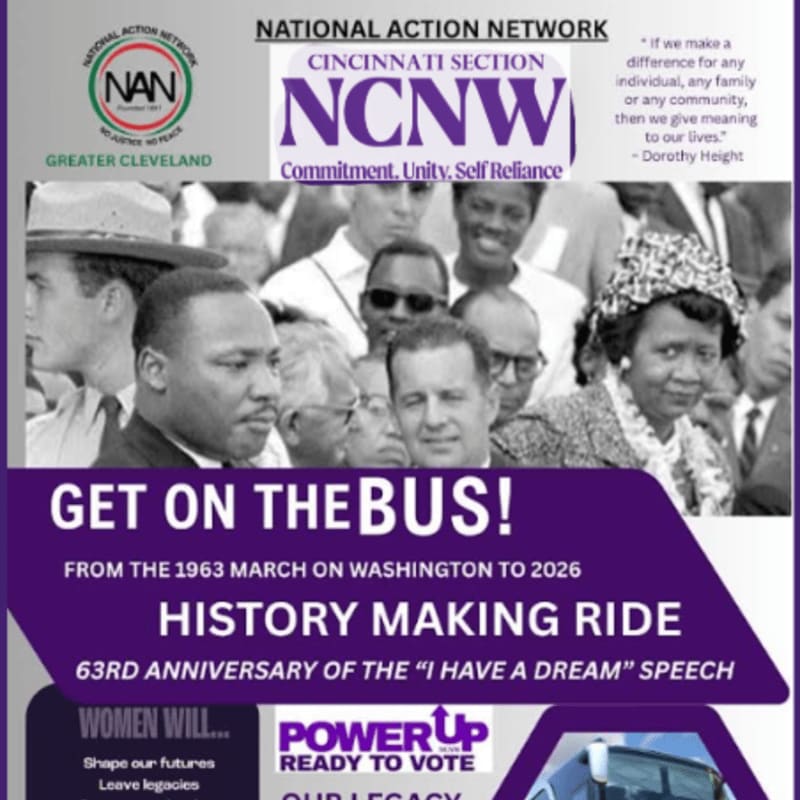 A historical photograph of civil rights leaders is overlaid with text promoting a bus ride commemorating the "I Have a Dream" speech.