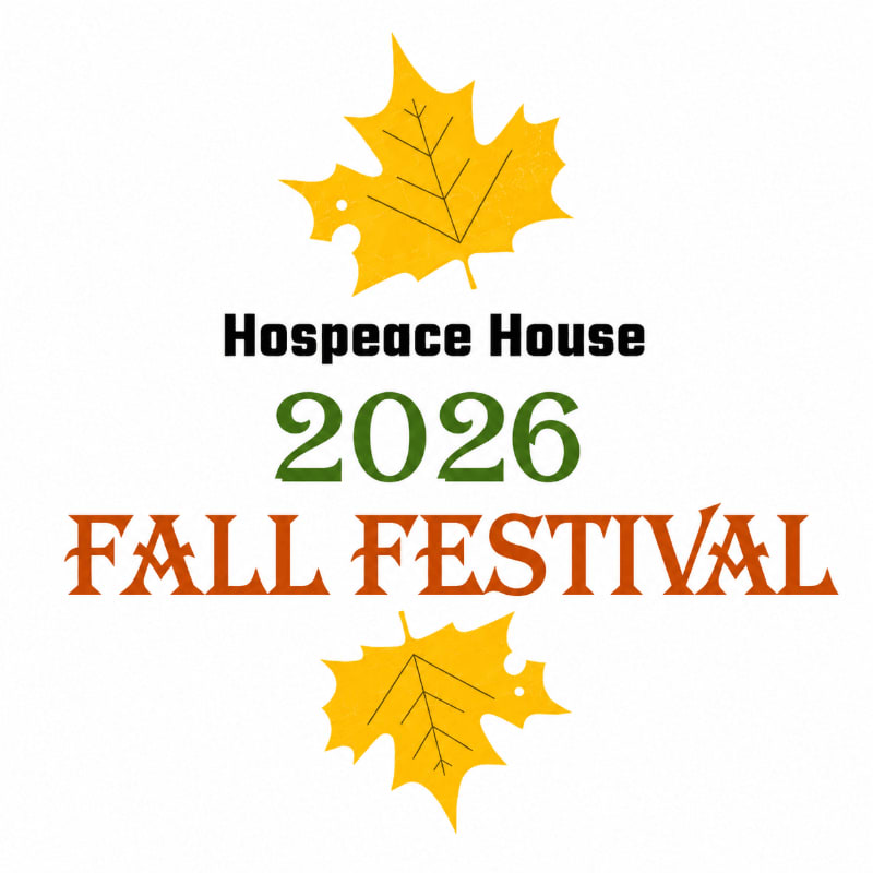 Two yellow maple leaves frame the text "Hospeace House 2026 FALL FESTIVAL" on a white background.