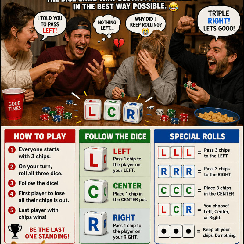 Four friends laugh and react to a dice game with chips and dice scattered on a table in the foreground, while instructions for the game are displayed below.
