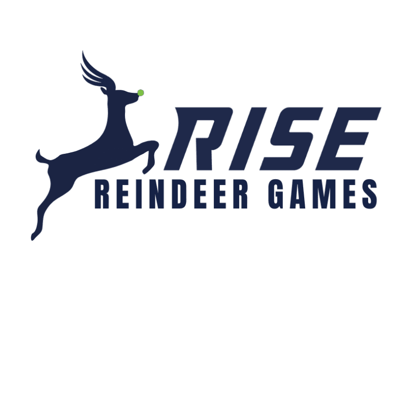 A leaping dark blue reindeer with a green nose is in the foreground, with the words "RISE REINDEER GAMES" in dark blue text in the background.