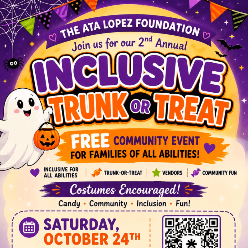 A cheerful ghost holding a pumpkin in the foreground invites viewers to the ATA Lopez Foundation's 2nd Annual Inclusive Trunk or Treat event, set against a festive Halloween-themed background with a large moon and colorful bunting.