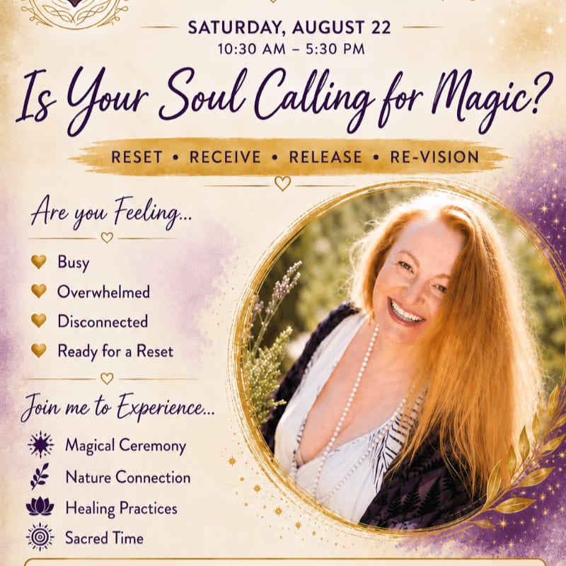 A smiling woman with long red hair is featured in the foreground against a background of event details and mystical graphics.