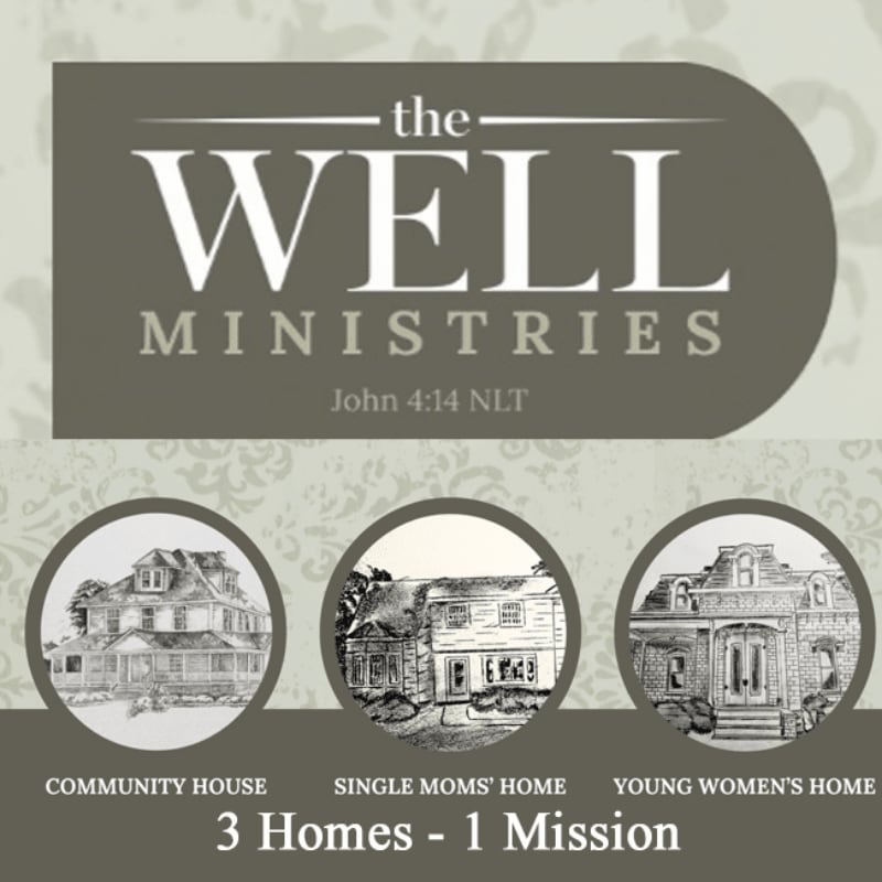 A logo for "The Well Ministries" with three circular images of houses in the foreground and a decorative background.