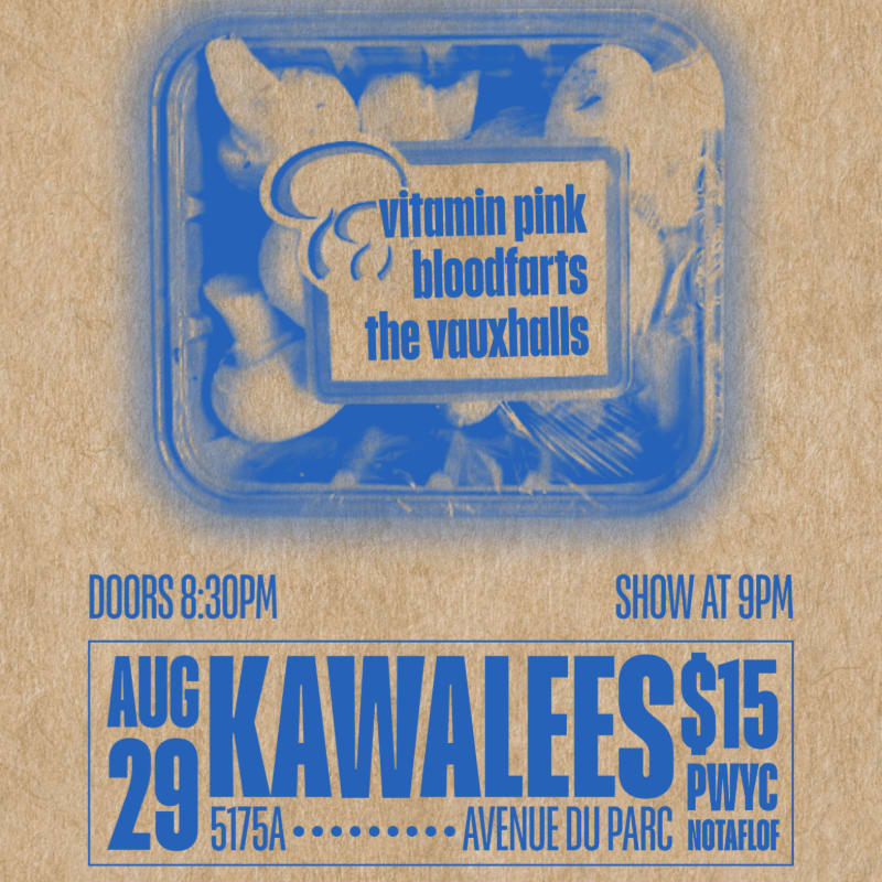 A blue-tinted image of food in a plastic container is overlaid on a textured brown background, with event details for "Kawalees" on August 29th at 9 PM.