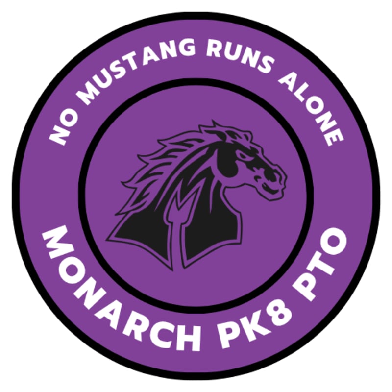 A black and purple circular emblem features a stylized horse head in the foreground, with the text "NO MUSTANG RUNS ALONE MONARCH PK8 PTO" encircling it in the background.