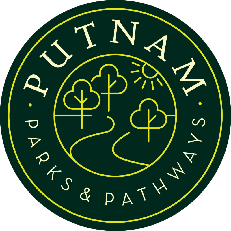A circular logo with "PUTNAM PARKS & PATHWAYS" written around the edge, features a stylized park scene with trees, a winding path, and a sun in the background.
