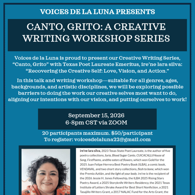 A portrait of a woman with dark curly hair and a warm smile is featured in the foreground, while the background is filled with text detailing a creative writing workshop series.