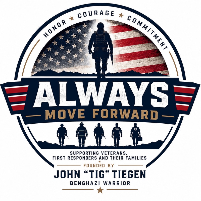 A silhouetted soldier stands against a backdrop of the American flag in the upper portion, while five silhouetted figures representing first responders stand in the lower portion, all within a circular emblem that reads "HONOR COURAGE COMMITMENT" and "ALWAYS MOVE FORWARD."