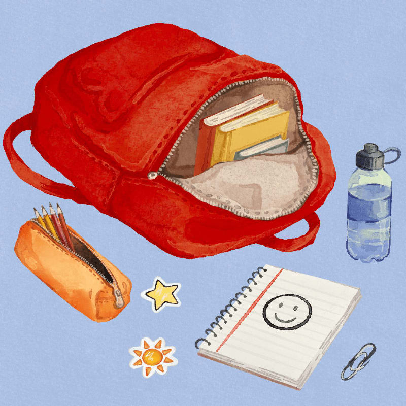 A red backpack filled with books sits on a blue background next to a pencil case, a water bottle, a notebook with a smiley face, and some stickers.