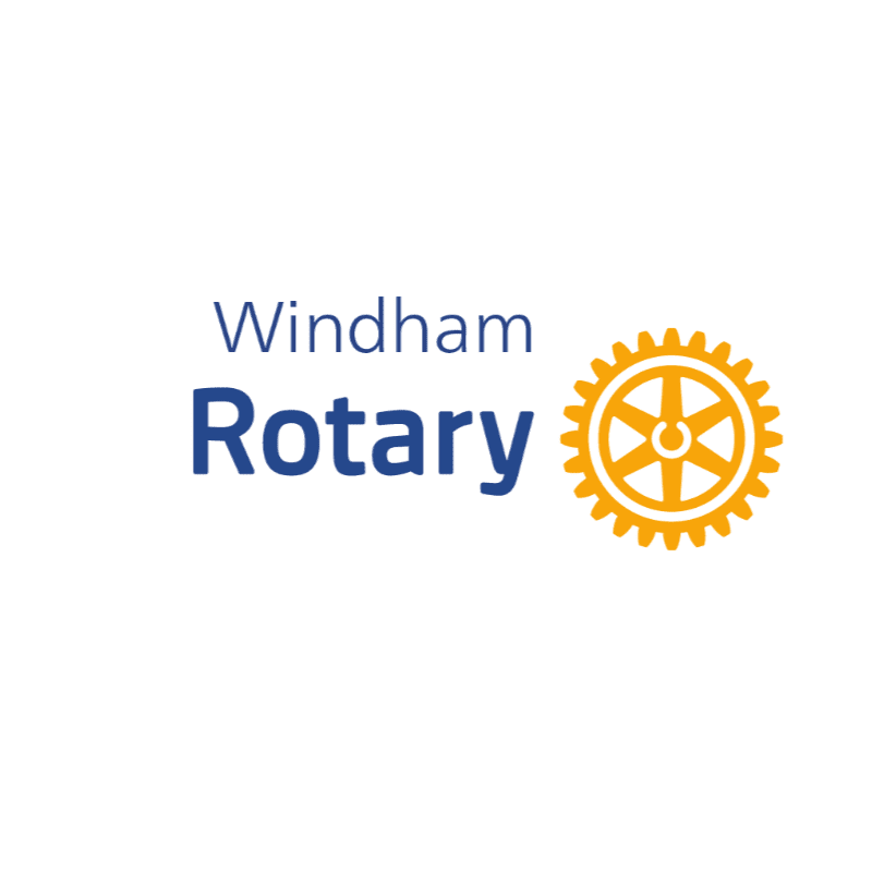 The foreground features the words "Windham Rotary" in blue and dark blue text, next to a yellow gear logo, all against a white background.