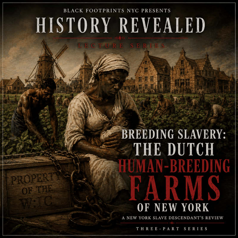 A Black woman cradles a baby in the foreground, with a wooden crate labeled "PROPERTY OF THE W:IC" and chains beside her, while a Dutch village with windmills and fields of workers stretches across the background.