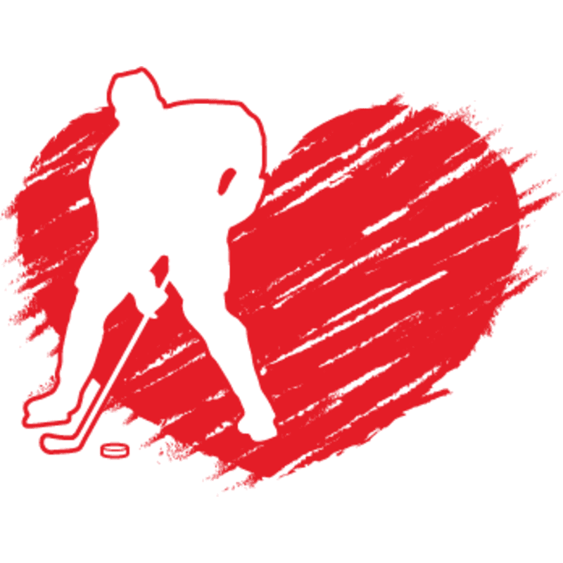 A white silhouette of a hockey player with a puck in the foreground is set against a large, red, brushstroke heart in the background.