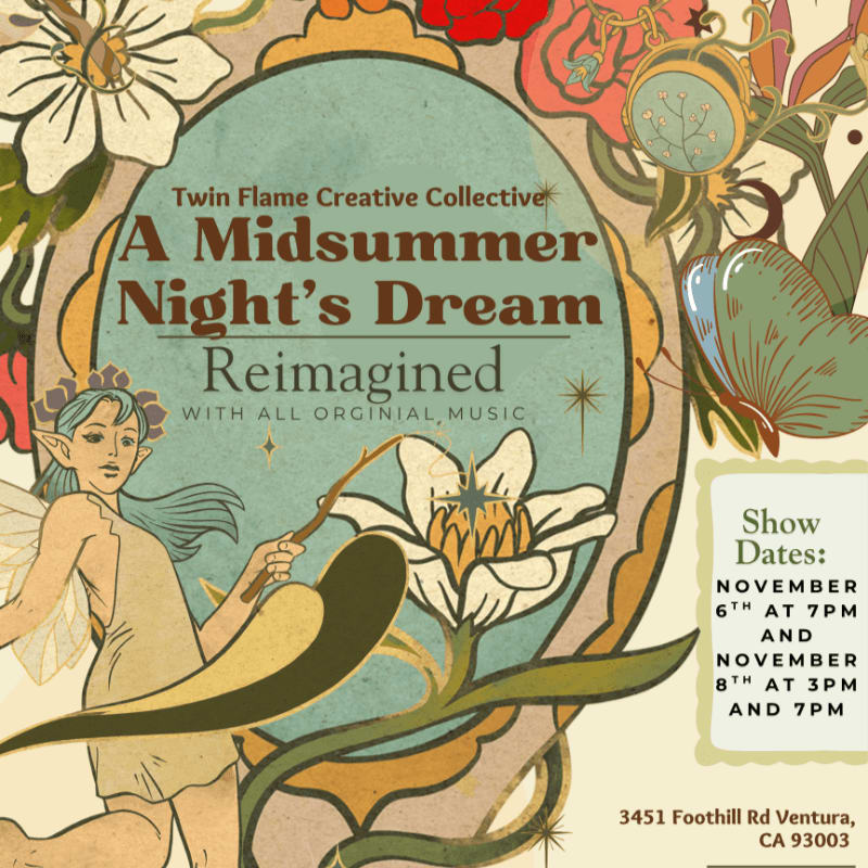 A fairy with a wand stands in the foreground against a backdrop of floral designs and event details for "A Midsummer Night's Dream Reimagined."