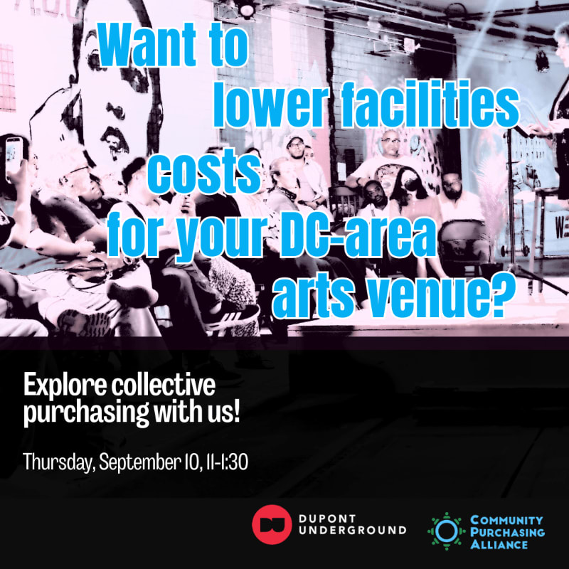 A crowd of people are seated in a dimly lit venue with a large mural on the wall, while text overlays ask about lowering arts venue costs through collective purchasing.