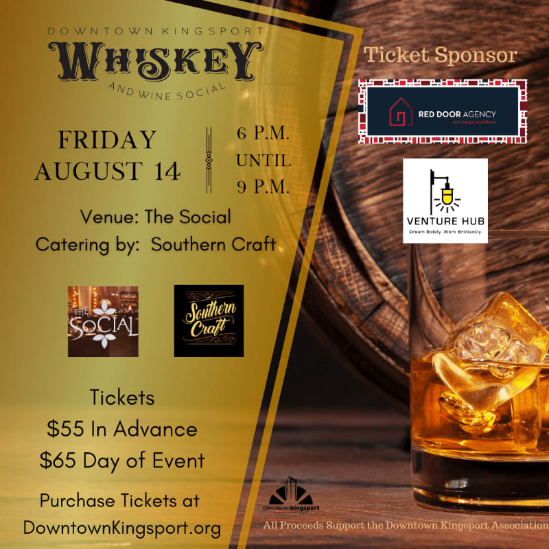 A whiskey and wine social event is advertised on a golden background with a glass of whiskey in the foreground and a barrel in the background.