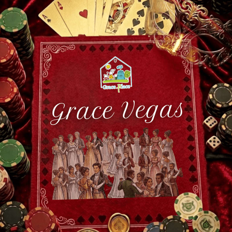 Stacks of poker chips and playing cards surround a red book with "Grace Vegas" written on it, featuring a vintage illustration of people dancing in the foreground and a masquerade mask and dice in the background.