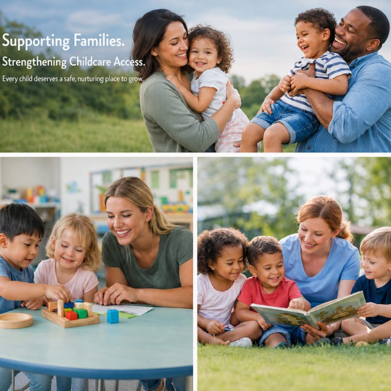 A collage features a happy family in a grassy field in the background, and two scenes of children interacting with caregivers in the foreground.
