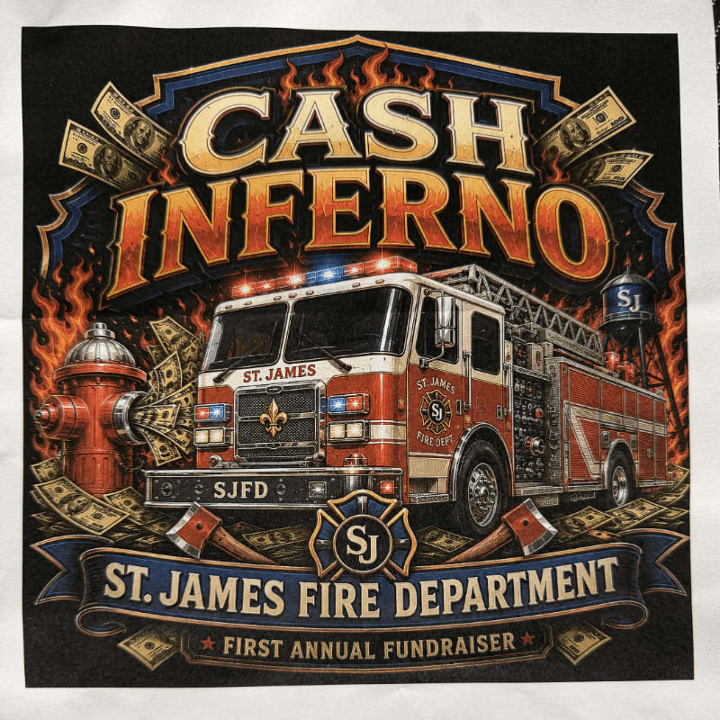 A fire truck is prominently displayed in the foreground, surrounded by flames and falling money, with the "St. James Fire Department First Annual Fundraiser" text in the background.