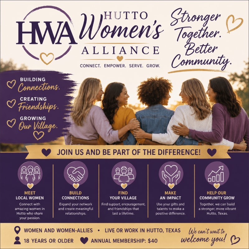 Five women with their arms around each other's shoulders are in the background, while the foreground displays text and icons detailing the Hutto Women's Alliance's mission and membership.