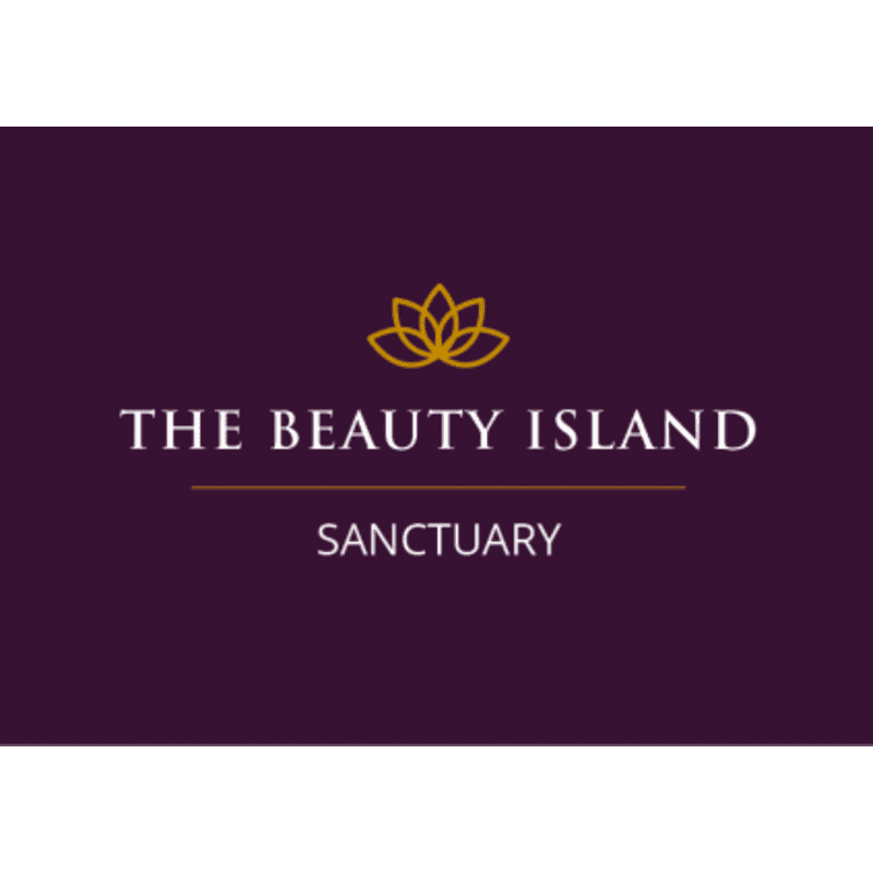 A golden lotus flower and text reading "THE BEAUTY ISLAND SANCTUARY" are centered on a deep purple background.