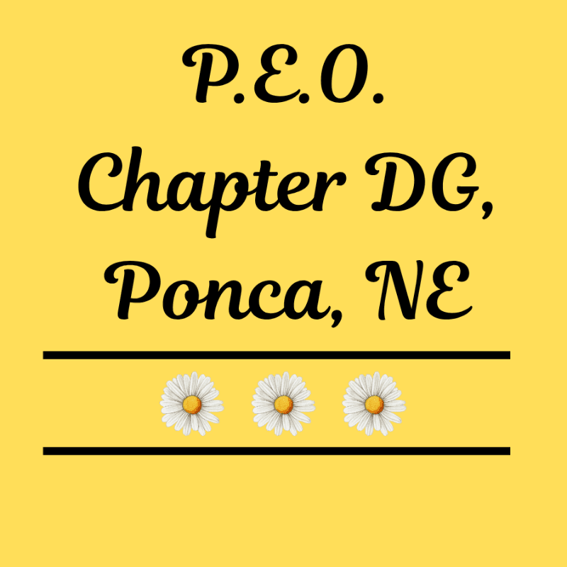 Three white daisies with yellow centers are centered in the foreground below black lines, with "P.E.O. Chapter DG, Ponca, NE" written in black script above them on a bright yellow background.