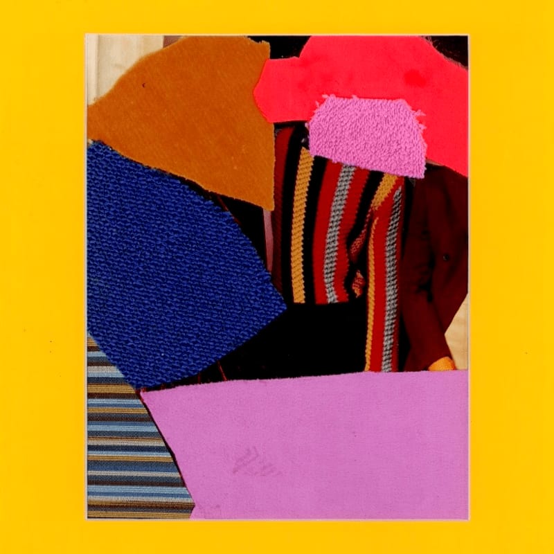 A collage of colorful fabric scraps, including blue, orange, pink, and striped patterns, is layered over a background of a person wearing a striped shirt, all set against a bright yellow border.