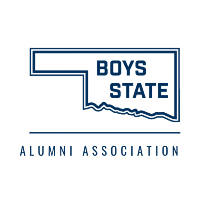 A blue outline of Oklahoma contains the words "BOYS STATE" in blue text, with "ALUMNI ASSOCIATION" written below on a white background.