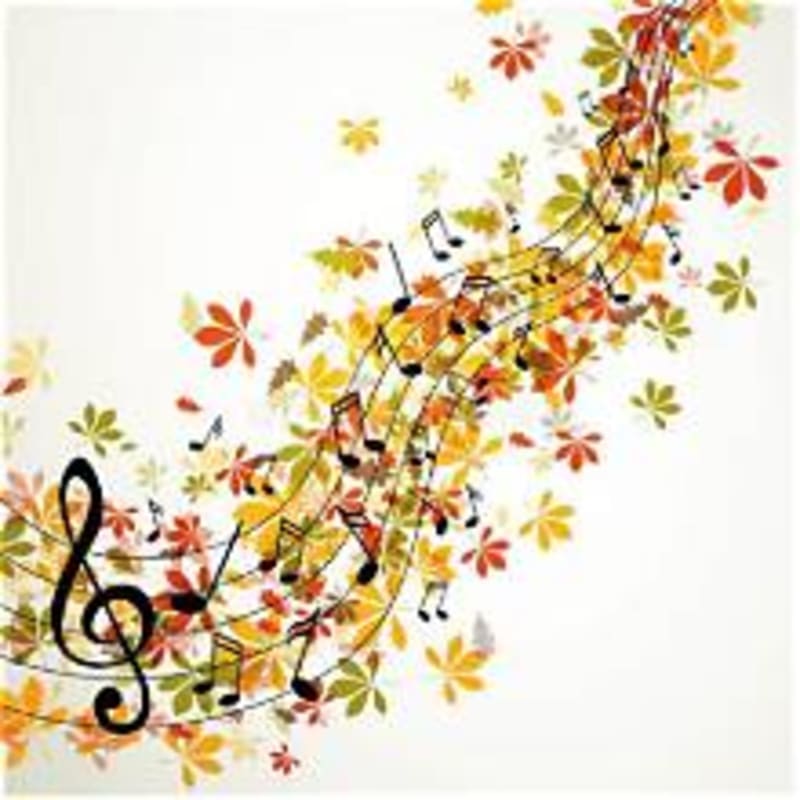 A treble clef anchors a swirling musical staff adorned with autumn leaves against a pale background.