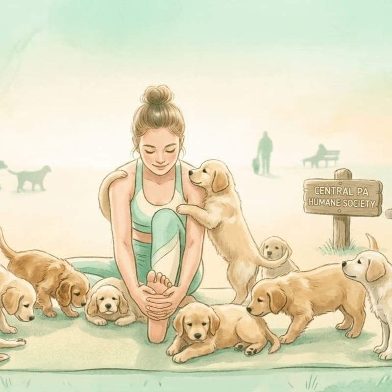 A woman in yoga attire sits surrounded by playful puppies on a mat, with a sign for the Central PA Humane Society and silhouetted figures in the soft-focus background.