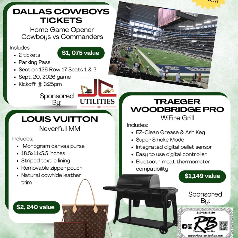 A collage advertises Dallas Cowboys tickets, a Louis Vuitton purse, and a Traeger grill, with a stadium in the background.