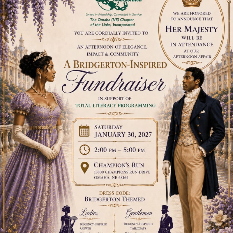A Bridgerton-inspired fundraiser invitation features a regal couple in period attire in the foreground against a backdrop of an ornate building and floral decorations.