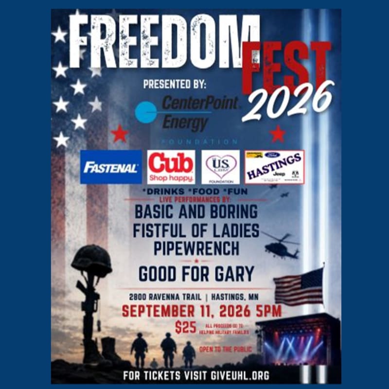 A poster for "Freedom Fest 2026" features a silhouette of a soldier with a helmet and rifle in the foreground against a backdrop of the American flag, fireworks, and a stage with performers.
