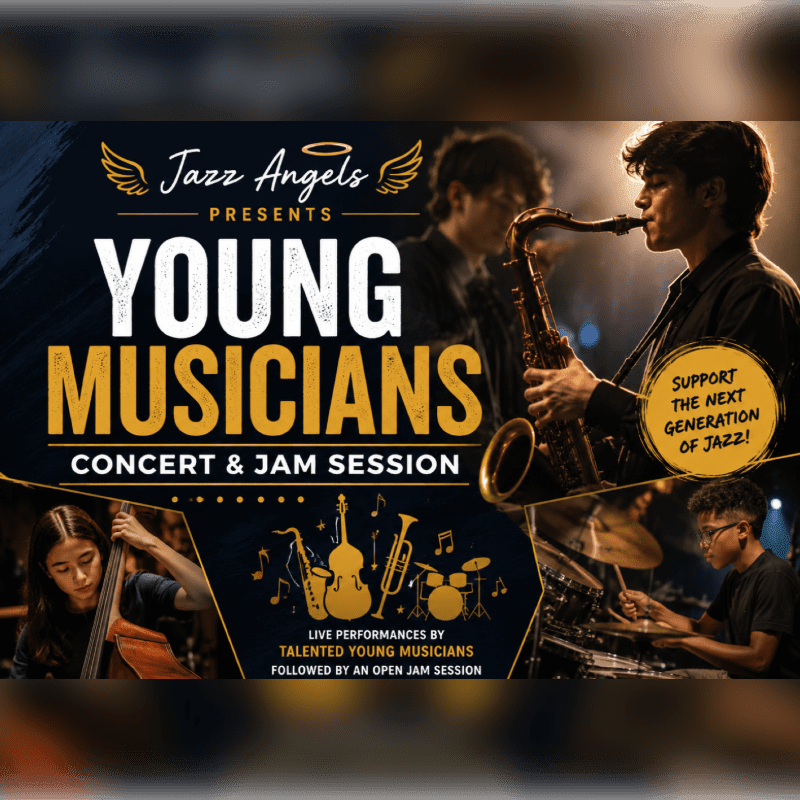A poster advertises a "Young Musicians Concert & Jam Session" presented by "Jazz Angels," featuring images of young musicians playing instruments in the foreground and a dark, atmospheric background.