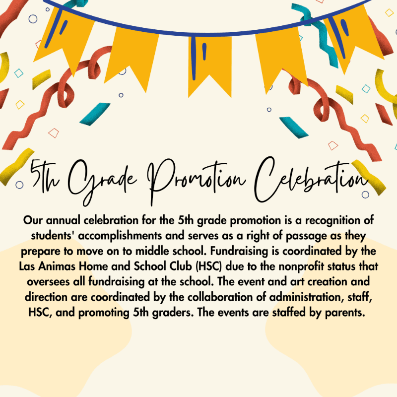 Confetti and streamers frame a celebratory announcement for a 5th-grade promotion, with text detailing the event's purpose and coordination.