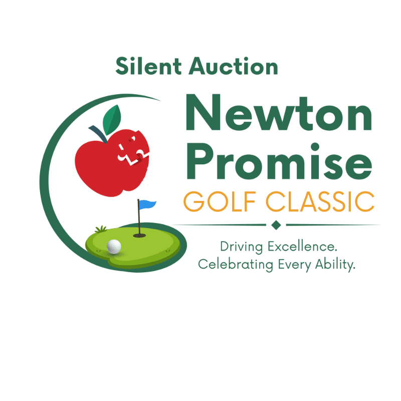 A golf ball rests on a putting green with a flag in the foreground, while the background displays the "Silent Auction Newton Promise Golf Classic" logo with an apple and text.