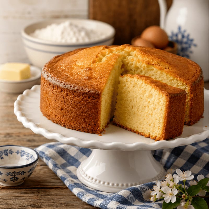 A golden-brown cake with a slice removed sits on a white cake stand on a blue and white checkered cloth, with ingredients like flour, eggs, and butter visible in the background.