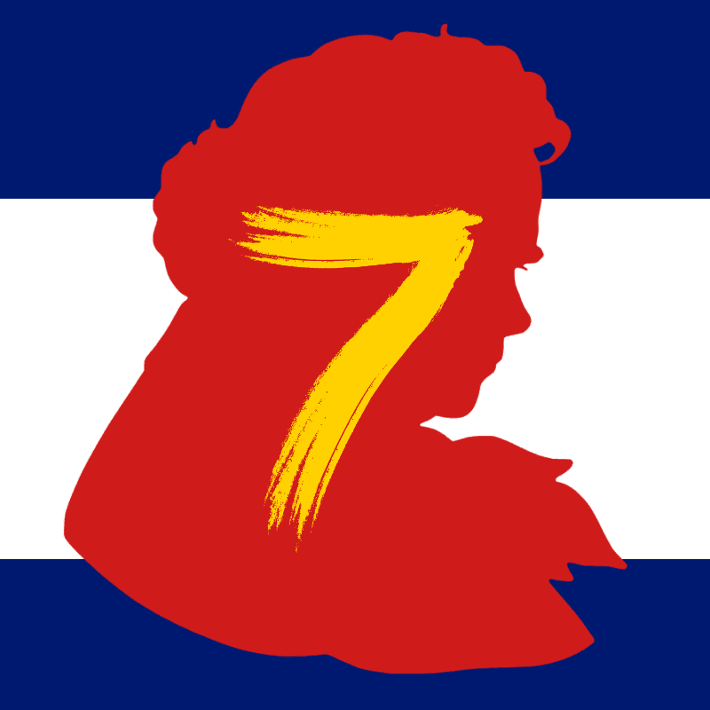 A red silhouette of a person's head and shoulders, with a yellow number 7 painted across it, is set against a background of blue and white stripes.